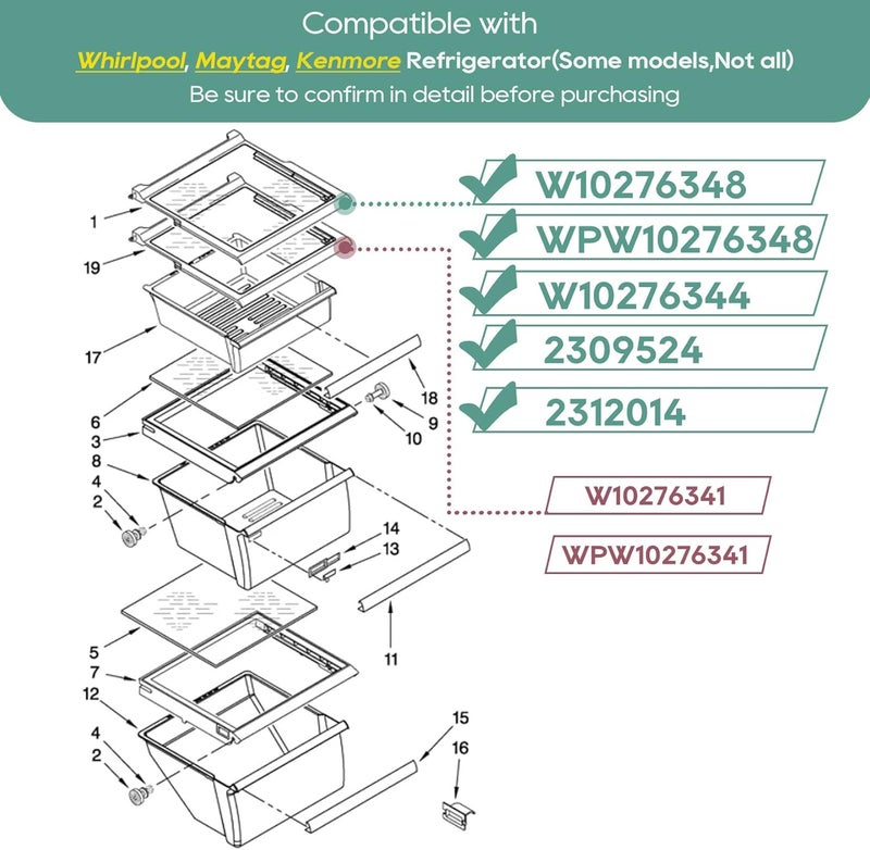 MONST W10276348, WPW10276348, W10276344, 2309524, 2312014 Glass Shelf Compatible with Whirlpool, Kenmore, maytag, Amana, Crosley, etc, Refrigerator (Some Models), Part Number : AP6018411, PS11751713 - Image 5